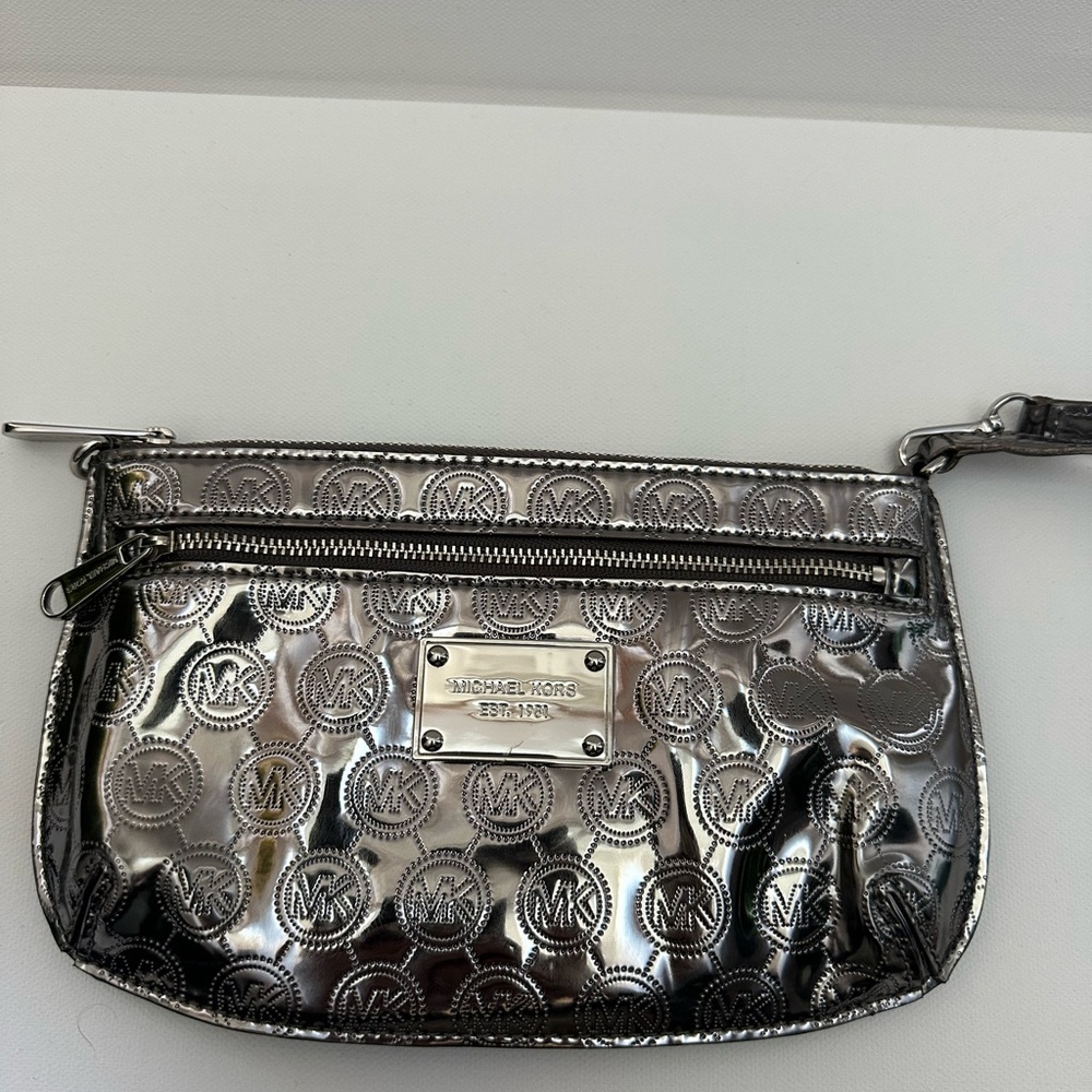 Michael Kors Silver Metallic Embossed Logo Wristlet Clutch
